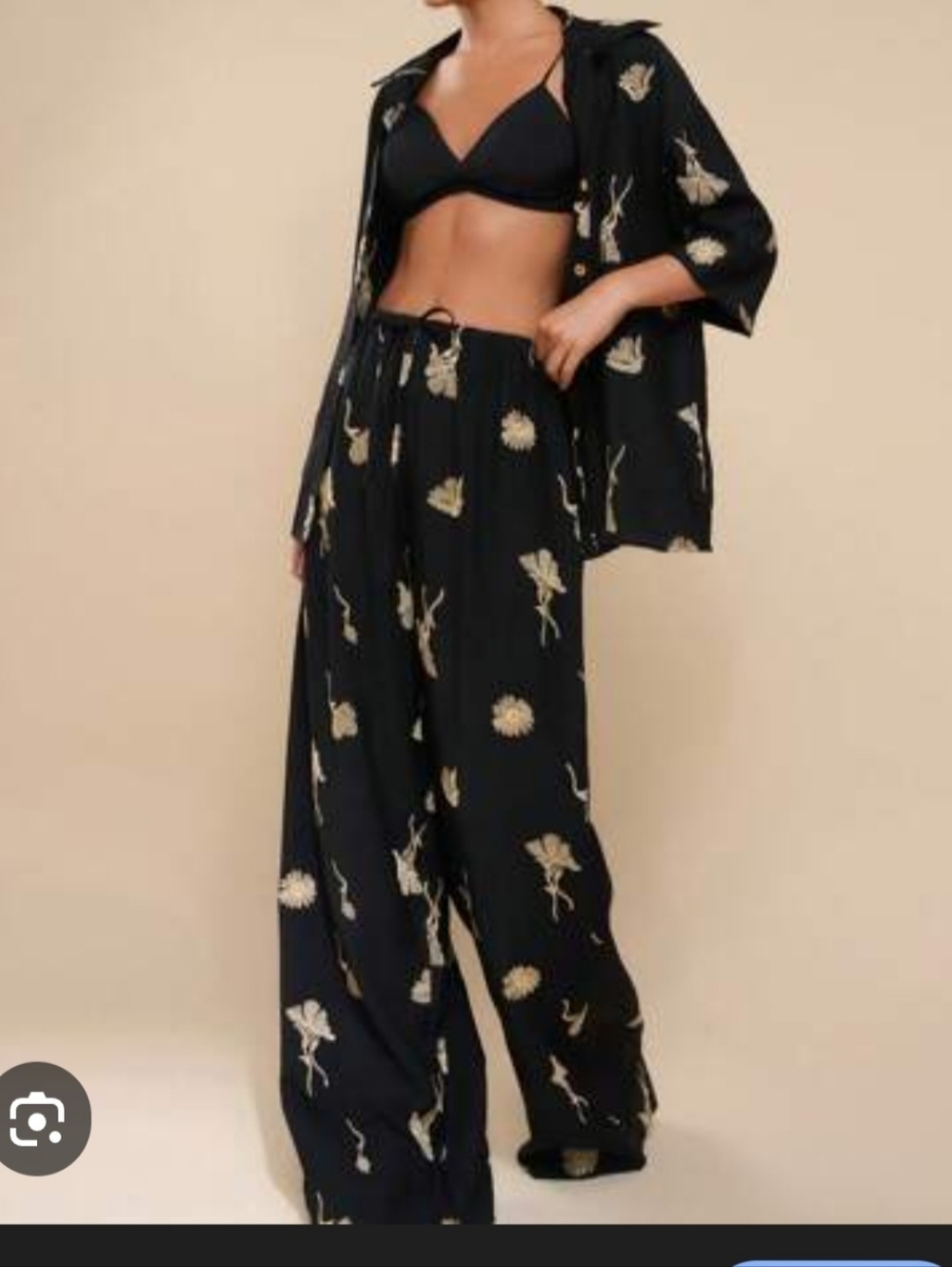 Wide Leg Floral Print Pants - Black